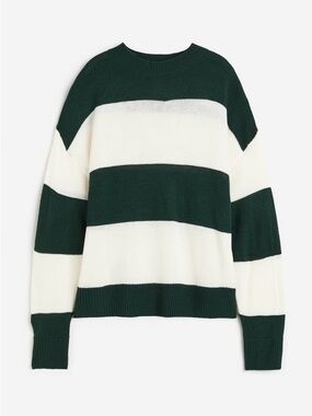 H&M Divided Drop Shoulder Oversized Green and White Wide-Stripe Crewneck Sweater